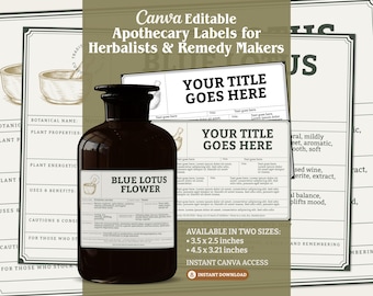 Editable Apothecary Herb Jar Label Canva Template Adaptable Botanical ID Medicinal Uses Herbal Product Packaging Labels Pantry Storage