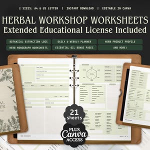 Op de afbeelding: Kruidenworkshop-werkbladen met een uitgebreide educatieve licentie. De afbeelding toont open mappen met werkbladen, waaronder botanische extractielogboeken, dag- en weekplanners en kruidenproductprofielen. De tekst bevat "The Herbal Ledger" en "Plus Canva Access".
