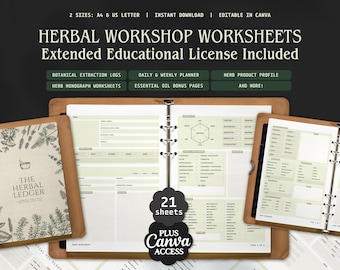 Extended Educational License Editable Herb Monograph Medicinal Herbal Studies Worksheets Bundle Herbalists Planner A4 and US Letter