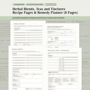 Printable Herbal Blends, Teas and Tinctures Apothecary Recipe Log Herbal Medicine Worksheets Herb Planner PDF