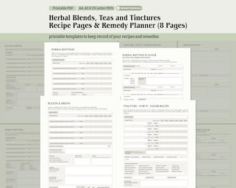 Printable Herbal Blends, Teas and Tinctures Apothecary Recipe Log Herbal Medicine Worksheets Herb Planner PDF