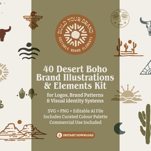 Pacchetto di clipart di illustrazioni boho del deserto PNG SVG, elementi di branding del sud-ovest disegnati a mano e strutturati, file Adobe Illustrator incluso