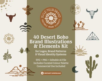 Desert Boho Illustration Clipart Bundle PNG SVG Organic Hand Drawn Textured Southwestern Branding Elements Adobe Illustrator file included