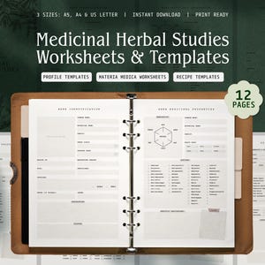 Medicinal Herbal Studies Worksheets and Recipes PDF for Herbalists, Botanical Identification, Materia Medica, DIY Remedies | A5 A4 US Letter