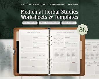 Medicinal Herbal Studies Worksheets and Recipes PDF for Herbalists, Botanical Identification, Materia Medica, DIY Remedies | A5 A4 US Letter