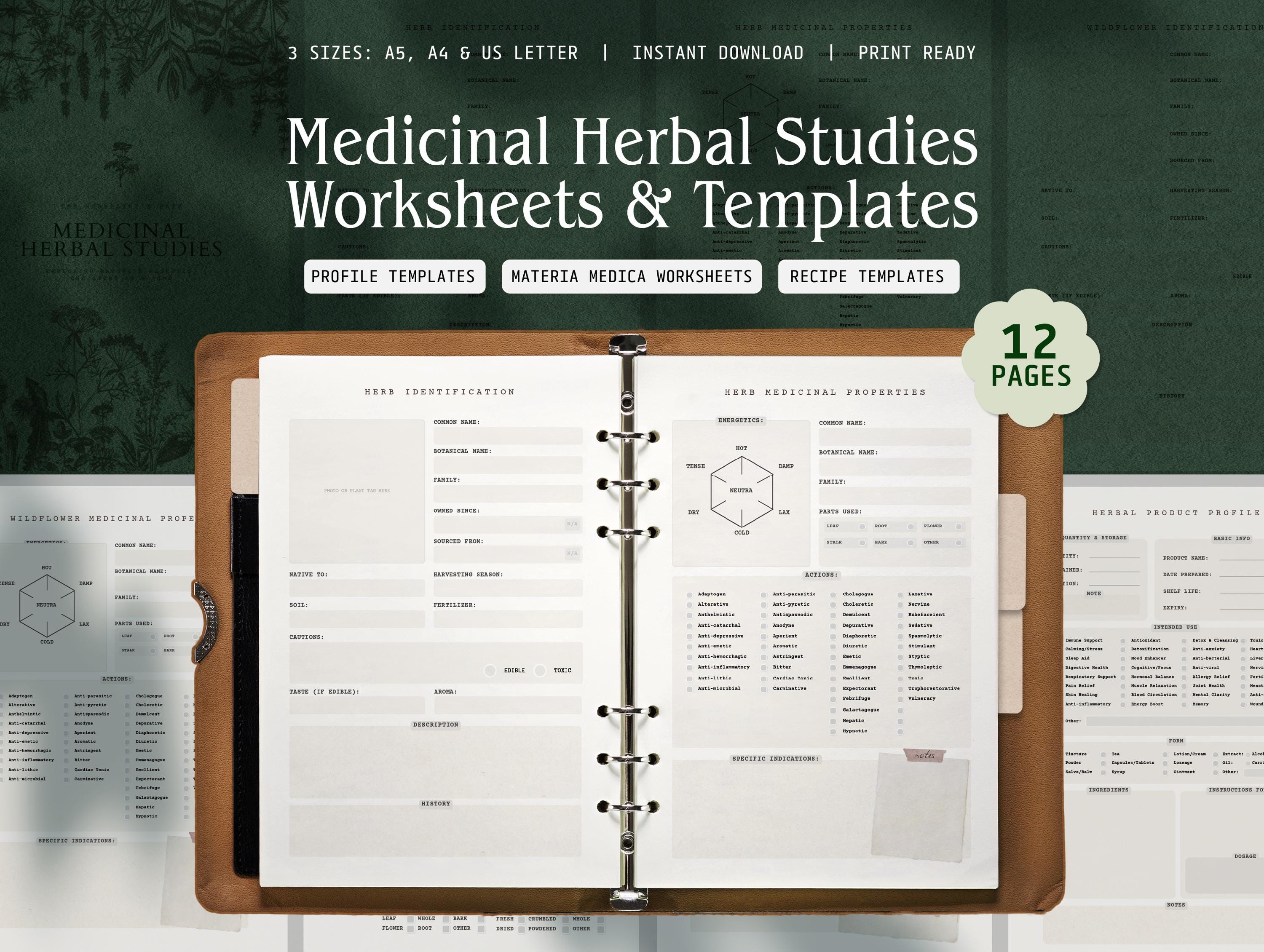 薬草研究ワークシートとレシピ PDF ハーバリスト、植物同定、マテリアメディカ、DIY 療法用 | A5 A4 US レター