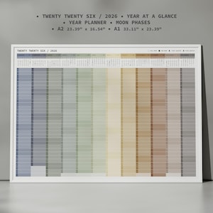 Grand calendrier vertical paysage 2026, planification de l'année, planificateur mural imprimable grille minimale 2026, phases de lune, année complète, calendrier mural 2026