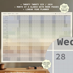 2026 Large Calendar Linear Year Planning Printable Minimal Grid Wall Planner 2026 Moon Phases Full Year Wall Horizontal Calendar 2026