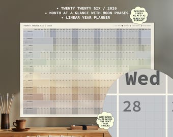 2026 Large Calendar Linear Year Planning Printable Minimal Grid Wall Planner 2026 Moon Phases Full Year Wall Horizontal Calendar 2026