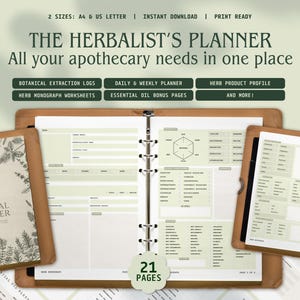 May include: The Herbalist's Planner, a print-ready planner with botanical extraction logs, daily & weekly planner, herb monograph worksheets, and essential oil bonus pages. The planner is available in A4 and US Letter sizes.