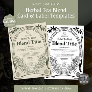 Könnte beinhalten: Zwei Vorlagen für Kräuterteemischungskarten und -etiketten. Die Vorlagen sind rechteckig mit einem dekorativen Rand und dem Text "Herbal Tea Blend" und "Blend Title". Die Vorlagen sind in Beige und Schwarzweiß gehalten.
