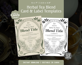 Herbal Tea Blend Canva Templates for Tea Recipe Cards and Labels | Editable Canva Templates for Herbalists, Tea Makers, Apothecaries, Pantry