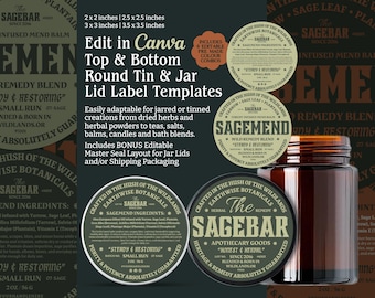 Editable Round Canva Label Templates for Jar Lids Top and Bottom Circle Tin Labels Small Batch Maker Candle Lid Round Editable Canva Labels