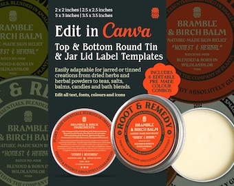 Editable Round Canva Label Templates for Jar Lids Top and Bottom Circle Tin Labels Small Batch Maker Candle Lid Round Editable Canva Labels