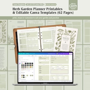 May include: A digital herb garden planner with editable Canva templates. The image shows a laptop displaying the planner's design interface, a binder with open pages, and several printed pages. The text includes "Herb Garden Planner Printables & Editable Canva Templates (62 Pages)".