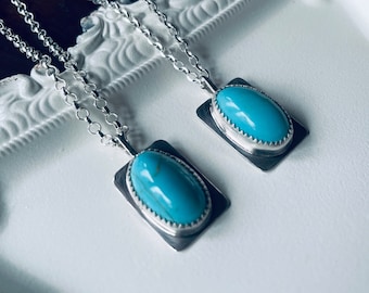 Oval Turquoise Stone Pendant Necklace| Sisters Jewelry Set| Turquoise Jewelry| Handmade One of a Kind| Artisan Jewelry| Holiday Gift for All