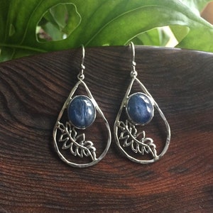 Blue Kyanite Gemstone Teardrop Earrings in Sterling Silver| Hammered Hoops| Gifts for Her| Leaf Earrings| Nature Plant Lover| One of a kind|