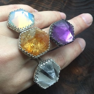 Sterling Silver Crystal Point Ring: Ametist, Citrin, Opalit