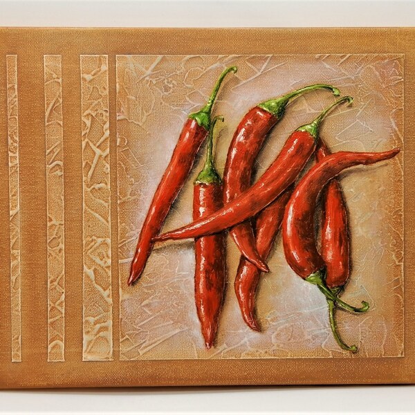Petite peinture à l’huile de piment pour la décoration murale de cuisine Fine Art Hot Pepper Miniature Légumes rouges Artiste d’art original Mysan Gennadiy