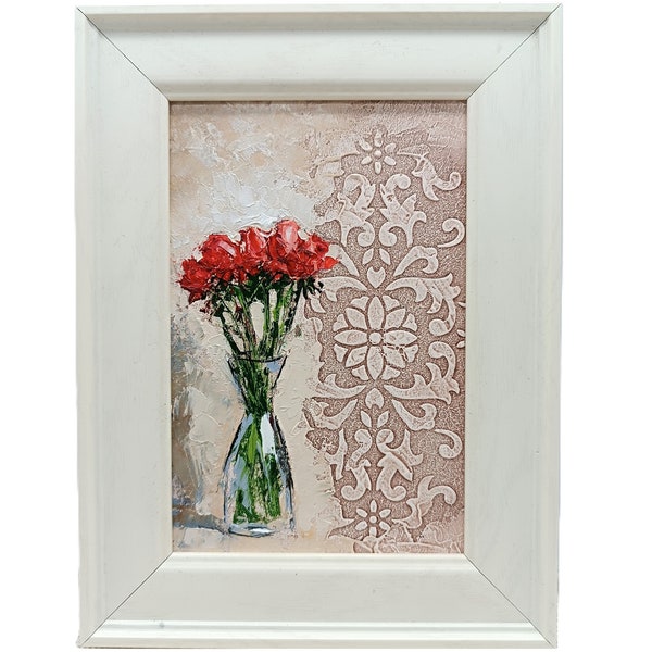 Red roses, Roses oil painting, Original oil painting, Impasto flowers, Impasto painting, 6x4 inches, Mini framed art