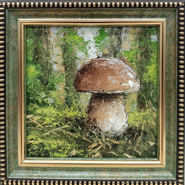 White mushrooms painting Original art, Artwork 4 x 4 Impasto oil painting, Mushrooms wall decor, Gift for her