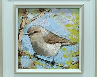 Peinture à l’huile originale, Peinture à l’huile d’oiseau, Cadre miniature, Petite peinture à l’huile, 4x4 pouces, art d’oiseau, cadeau de femme, Petit cadeau