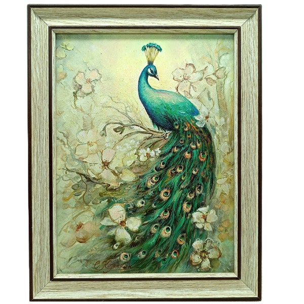 Peacock Oil Painting Bird Original Art Rural Animals Artwork Wall Art Home Decor Spring Gifts Painting gift Art gift