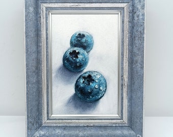 Blueberry Original Oil Painting, Fruit wall art, Still Life, Fruit Fine Art Gallery, Kitchen Art Decor, 4x6 inches, Art Fruit Painting