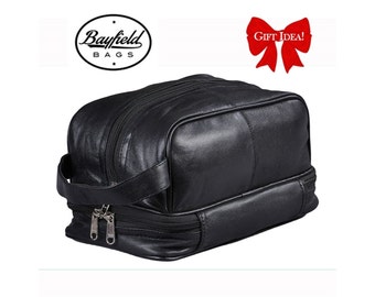 Leather Toiletry Bag Shaving Kit Toiletry Bag for Men  Dopp Bag forToiletries , Black (11 x 6 x 6 Inches) by Bayfield Bags