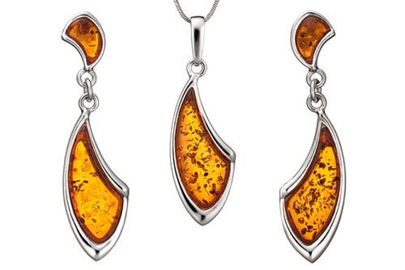 Bracelet Honey Amber Drop Jewelry Set Matching Necklace Drop Earrings Set in Sterling Silver Silver and Amber Jewelry Set