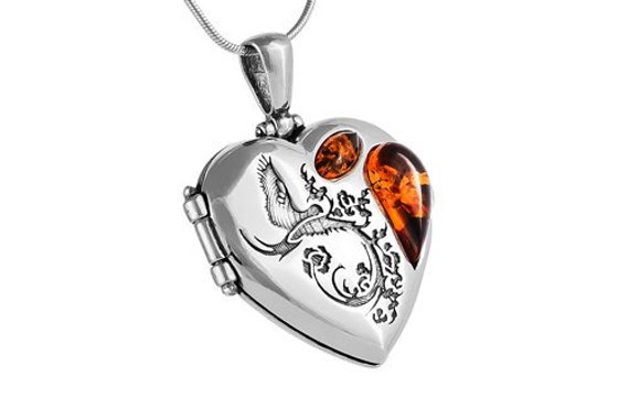 Amber Heart Shape 925 Locket Silver - Amber Heart Shaped Pendant Amber Heart Shape 925 Locket Silver - Amber Heart Shaped Pendant