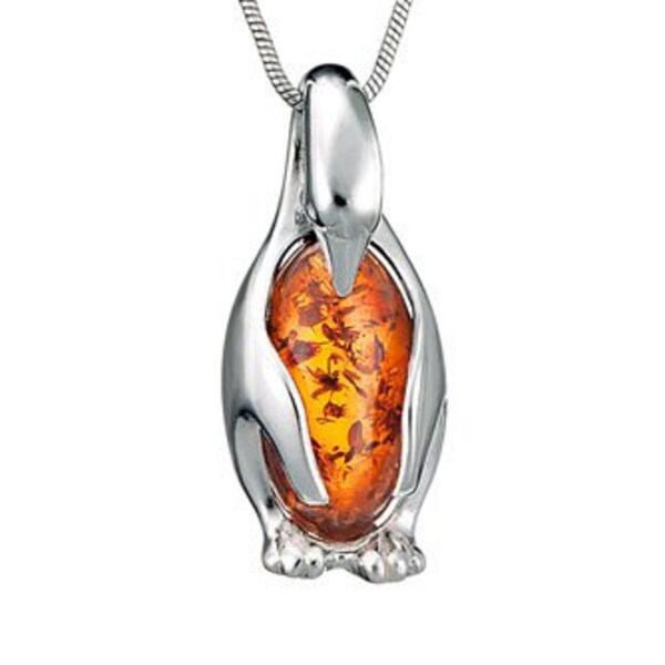 Sterling Silver Baltic Amber Penguin Pendant - Handmade Jewelry for Penguin Lovers