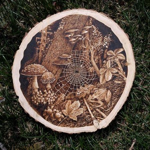 Può includere: Un'opera d'arte pirografata su una fetta di legno circolare. L'opera raffigura una scena di foresta con funghi, una ragnatela, una rana e foglie. Il pezzo è dettagliato con varie sfumature di marrone e nero, creando un'estetica rustica e naturale.