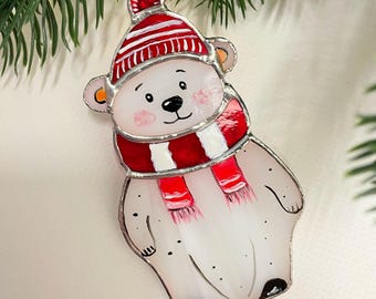 Stained Glass Christmas Bear Ornament, Handmade Holiday Decor