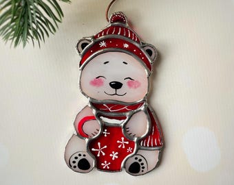 Stained Glass Christmas Polar Bear Ornament: Handmade Holiday Decor Gift Suncatcher Tree decor