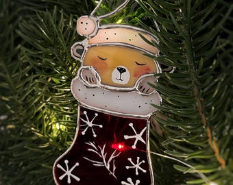 Stained Glass Sleeping Bear Christmas Ornament: Handmade Holiday Decor