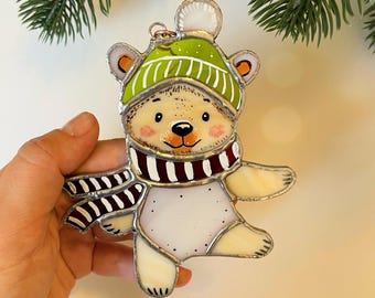 Stained Glass Christmas Bear Ornament: Handmade Holiday Decor Gift