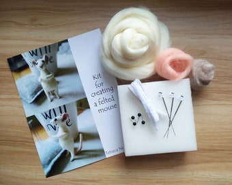 Felting kit mouse, Kit and instructions for creating a felted mouse, needle felted mouse, needlework kit for adults, gift