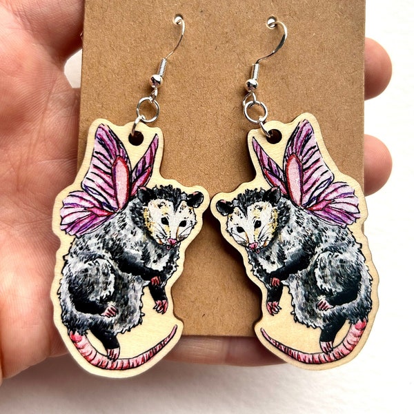 Possum Fairy Dangle Earrings - possum lover, cute possum art, opossum jewelry, trash animal, cute animal earrings, possum gifts