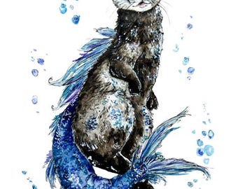 Ferret Mermaid Watercolor Art Print – Fantasy Animal Illustration