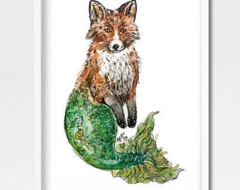 Fox Mermaid Watercolor Painting Print, mermaid art, whimsical animals, fox art print, fantasy painting, foxes, watercolor print, art prints