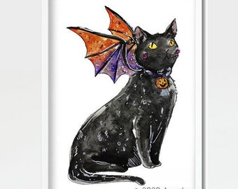 Halloween Dragon Cat Watercolor Painting Print, glicee print, matted, spooky, cute animals, cute art, cat lover, kitten, witch art
