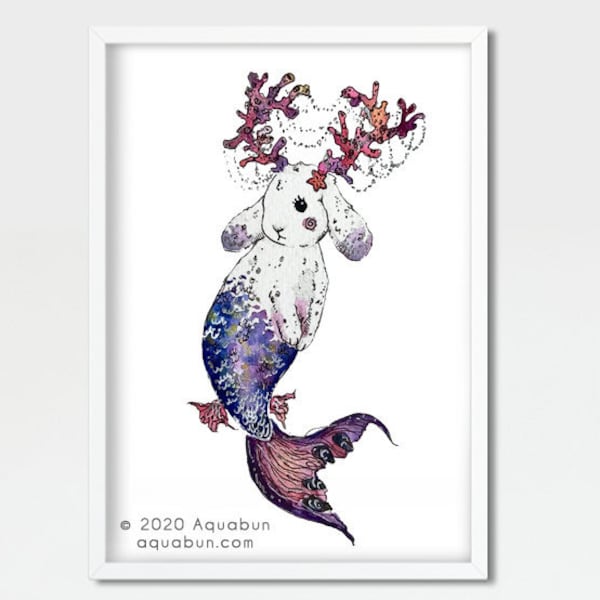 Jackalope Mermaid Bunny Watercolor Art Print - cute art prints, childrens wall art, kids room art, nursery wall art, bunny print, mermaids