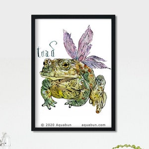 Fairy Toad Watercolor Painting Print, glicee print, matted, witch gifts, frogs, cute animals, cute art, fantasy artwork, toad lover gift