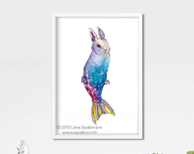 rabbit fantasy fish Rainbow Mermaid Bunny Watercolor Painting Print animal art gift pet cute art for children kids room