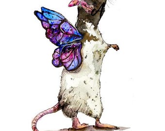 Fairy Rat Watercolor Painting Print, Fantasy Mice Nursery Art