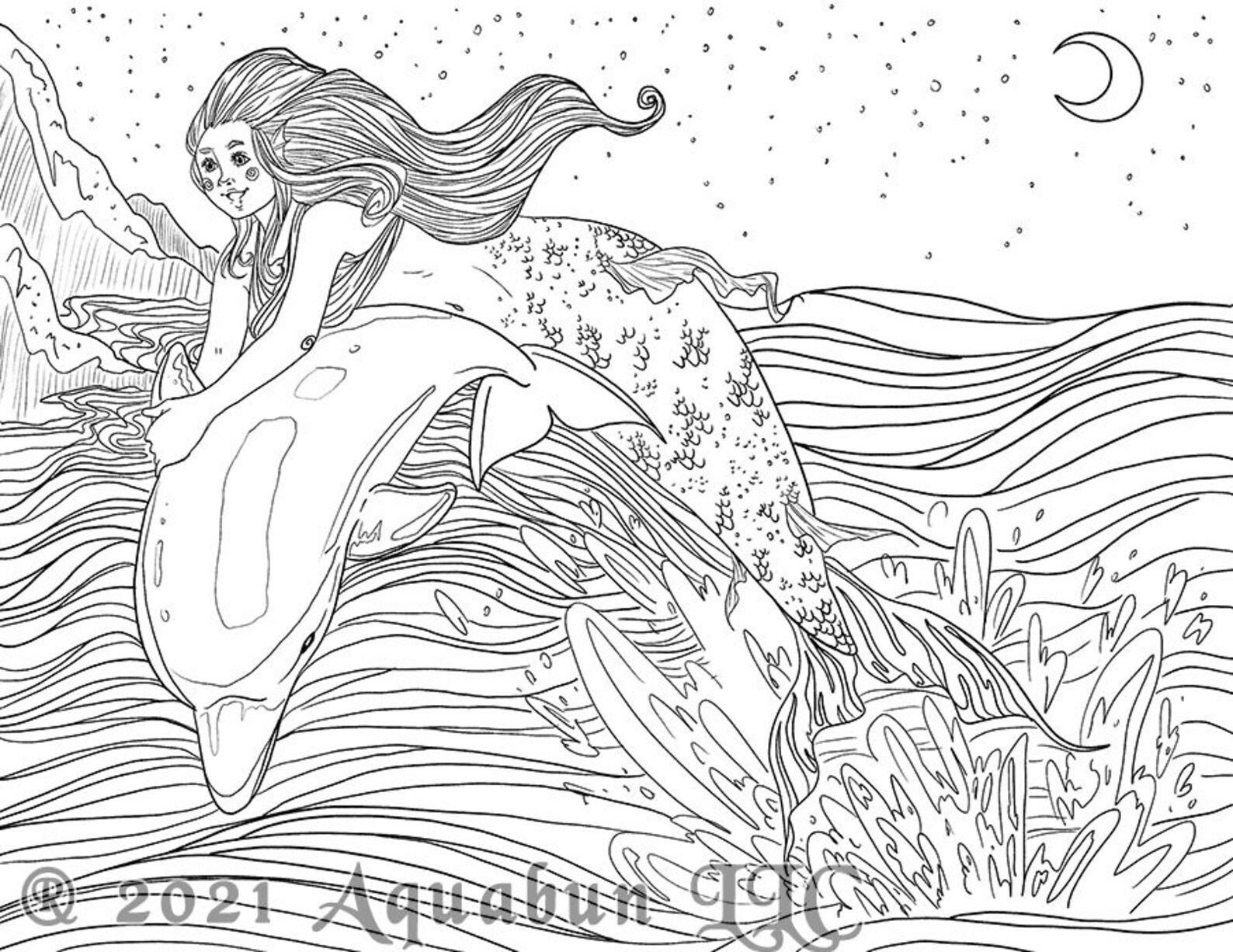 Mermaid Riding Dolphin Coloring Page INSTANT DOWNLOAD | Etsy