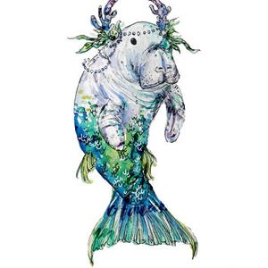 Manatee Mermaid Watercolor Art Print, Nursery Wall Decor