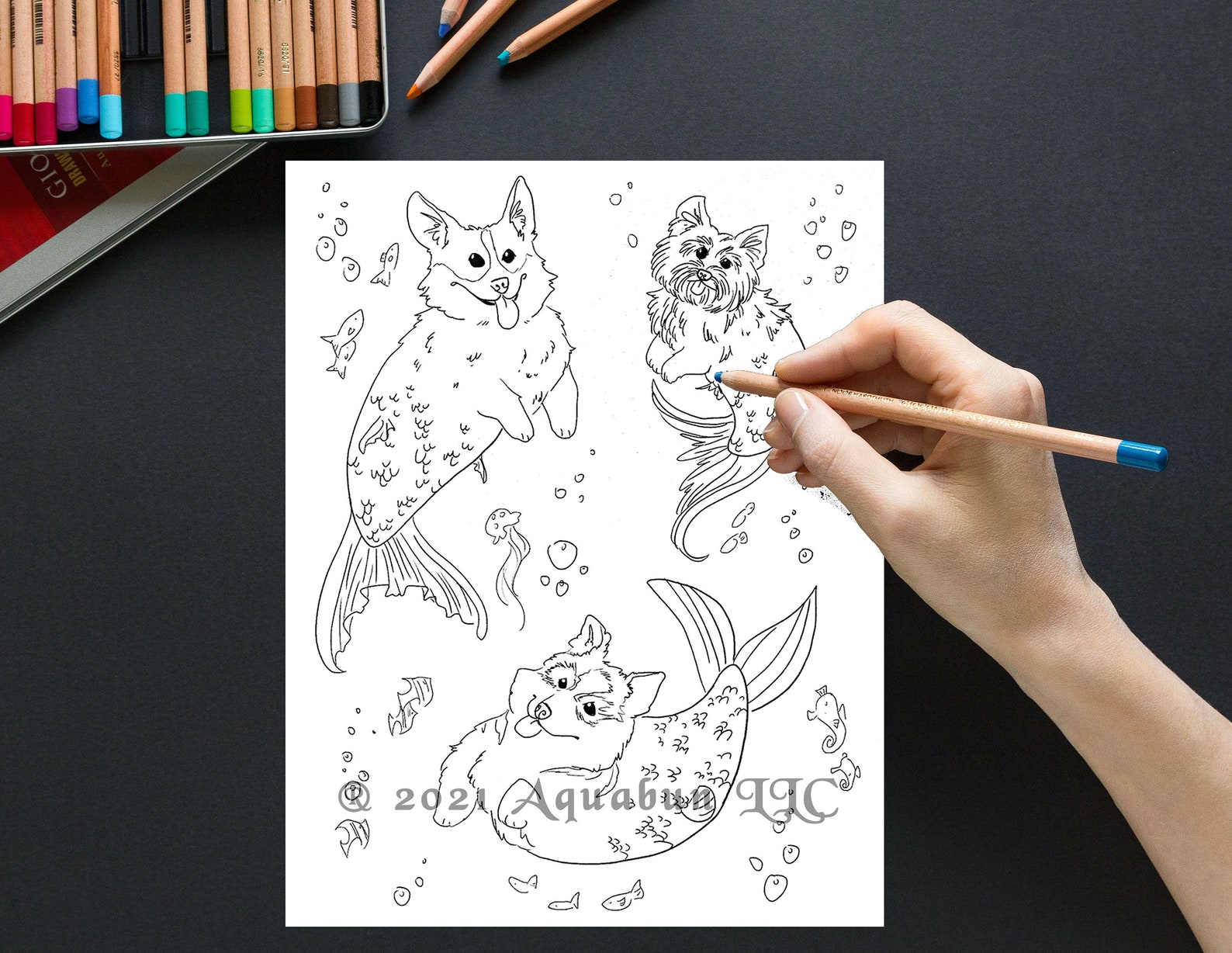 Mermaid Dogs Coloring Page INSTANT DOWNLOAD digital print | Etsy