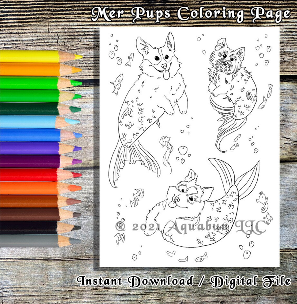 Mermaid Dogs Coloring Page INSTANT DOWNLOAD digital print Etsy